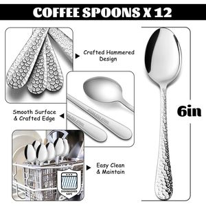 12-Piece Hammered Design Stainless Steel <b>Coffee</b> <b>Spoons</b> 6-Inch Dishwasher Safe for <b>Coffee</b> Sugar Tea Rust-Free Espresso Tool Set - Product Image 2