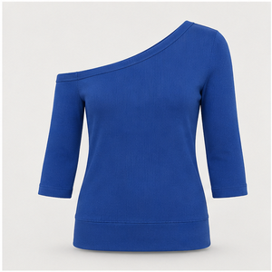 T-shirt ajusté bleu cobalt à une épaule et manches trois quarts pour femme WTS-0018 - Product Image 1