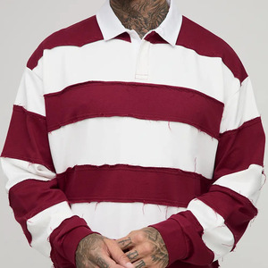 Polo à manches longues rayé pour homme grande taille, tricoté, style rugby décontracté, color block blanc et bordeaux - Product Image 4