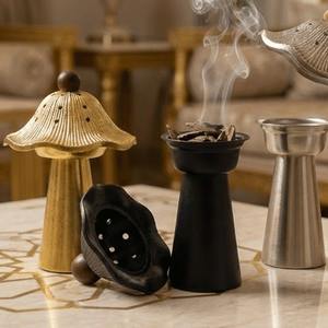 Brûleur à encens vintage en métal en forme de champignon avec couvercle, porte-encens arabe pour Oud, pour décoration de bureau et cadeaux, Or, Argent, Noir, Cendres - Product Image 1