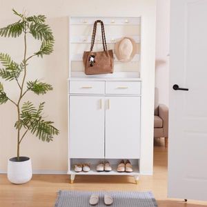 White Entryway Bedroom Armoire with Hanging Rod Shoe Cabinet and Wardrobe Closet Drawers Shelves Handles Clothes Organiser - Product Image 2