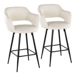 Tabouret de bar contemporain de 26 po à hauteur fixe en métal noir et simili cuir crème avec repose-pieds carré en métal noir, lot de 2 - Product Image 1