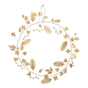 Couronne élégante en métal doré avec des feuilles de chêne détaillées et une corde de suspension en jute, idéale pour la décoration murale festive. - Product Image 2