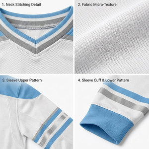 Ensemble uniforme de hockey sur glace pour homme, blanc et bleu, imprimé par sublimation, anti-humidité, manches longues, col en V, coupe régulière pour adulte, tenue de hockey sur glace - Product Image 6