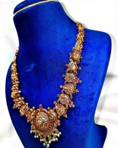 Parure de bijoux de mariée traditionnelle indienne en or massif 22 carats, collier Lakshmi en or/argent/laiton pour mariage - Product Image 2