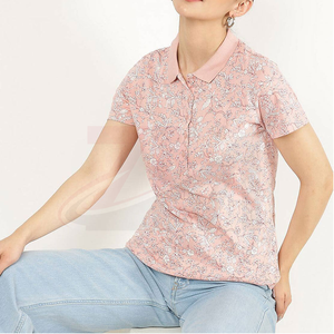 Polo à fleurs pour femmes, manches courtes, rose, imprimé, coton Oxford, décontracté, respirant, coupe régulière, 100% coton - Product Image 1