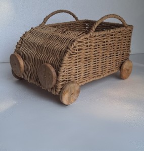 Handmade Rattan Car <b>Storage</b> <b>Basket</b> Eco Friendly Wicker <b>Toy</b> Organizer Decorative Kids Room Woven <b>Basket</b> with Wooden Wheels <b>Basket</b> - Product Image 1