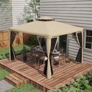 Gazebo in Alluminio 2.9x3.5m Design Elegante con Tetto a 2 Livelli, Rete e Fori di Drenaggio, Zanzariera Color Tortora per Feste in Patio - Product Image 2
