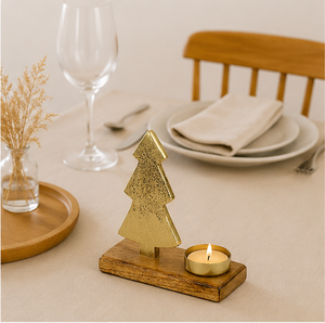 Handcrafted Gold Metal Christmas Tree <b>Tea</b> Light Holder On Mango Wood Base Modern Tabletop Centerpiece For Holiday Home Decor - Product Image 4