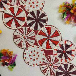 Handmade <b>Mosaic</b> Rectangle Folk Art Design Red White Pattern Decorative Glass Bead Tablemat Customizable Size Color Uttar Pradesh - Product Image 4