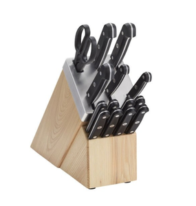 Couteaux de cuisine à manche riveté noir avec lames argentées, bloc marron clair, dessus à fentes argentées et ciseaux pour la préparation des aliments - Product Image 1