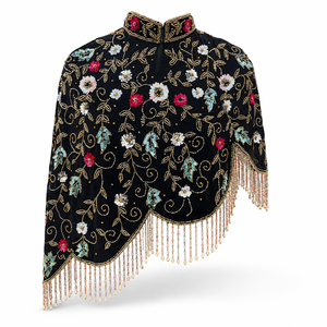 Elegante Capa Vintage Negra Bordada con Flecos Largos para Fiestas, Bodas y Eventos Nocturnos - Product Image 4