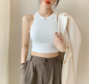 Top Corto sin Mangas para Mujer, Color Sólido, Estilo Casual, Sexy, Holgado, Tejido Acanalado, Transpirable, con Encaje - Product Image 1