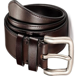 Ceinture décontractée en cuir de grain de finition lisse marron de luxe pour hommes avec boucle en laiton vintage argenté antique et coutures solides - Product Image 3