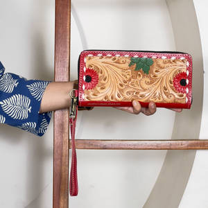Hand Tooled Caring <b>Wallet</b> Clutch Genuine Leather Credit Card Phone Holder Floral Design <b>Zip</b> Type For Women's Western <b>Wallet</b> - Product Image 2