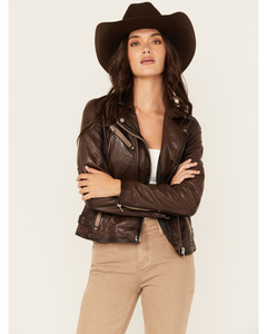 Distressed Brown Leather Moto <b>Jacket</b> Women Horseshoe Back Studded Belted Western <b>Biker</b> Coat Vintage Cowgirl Outerwear - Product Image 2
