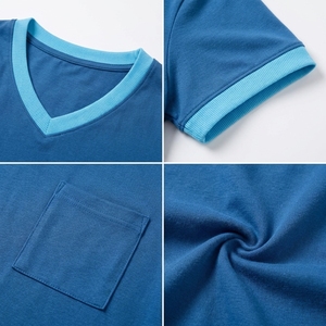 Women's Blue V-Neck Short Sleeve T-Shirt With Pocket Casual Cotton Jersey <b>Top</b> Spring Summer Wear - Product Image 6