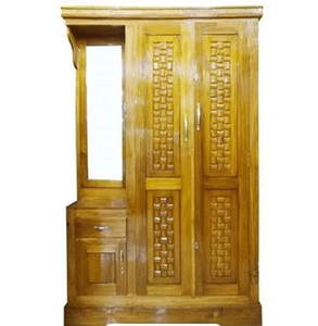 Golden teak finish three door wooden wardrobe with woven pattern door panels, side <b>mirror</b>, and lower cabinet, at wholesale. - Product Image 1