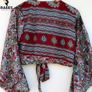 Top Corto de Seda de Alta Calidad con Mangas de Campana y Lazos, Traje de Danza del Vientre, Blusa Estilo Años 60 y 70, Ropa para Festivales - Product Image 2