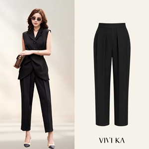 Pantalon de costume noir taille haute coupe droite longueur cheville pour femme, style minimaliste CELESTINE - Product Image 1