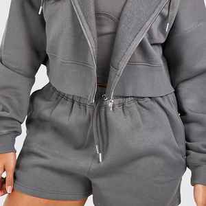 Conjunto Deportivo de Mujer en Color Gris Sólido, de Algodón, con Sudadera con Cremallera y Manga Larga, Pantalones Cortos, Estilo Casual, Transpirable, Holgado, para Otoño - Product Image 4
