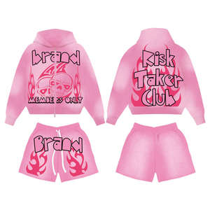 Acid Wash Stone <b>Zip</b> <b>Up</b> Hoodie And Shorts Set Boxy Fit Street Wear 100% Cotton Hoodies & Short Sets - Product Image 3