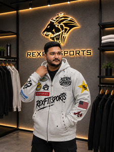 REXFITSPORTS 2026 CCustom <b>White</b> Full <b>Zip</b> Graphic Hoodie 280–300 GSM Cotton Polyester Fleece Patchwork Streetwear Hoodie - Product Image 5