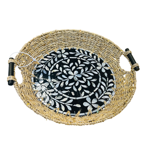 Handwoven Rattan Decorative <b>Tray</b> Mother Pearl Inlay Round Serving <b>Basket</b> Flexible Table Display Vietnam Craft - Product Image 4