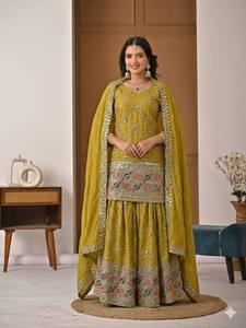 Ensemble Salwar Kameez pour femmes, jaune moderne, brodé, avec robe à paillettes et perles, et châle, tenue traditionnelle pour fêtes et cérémonies - Product Image 2