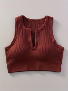 Débardeur de sport côtelé pour femme avec fente frontale, soutien-gorge de compression intégré, coussinets amovibles, idéal pour l'entraînement aérobie et la performance - Product Image 3