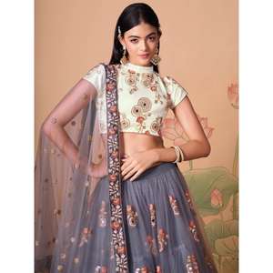 Robe de soirée grise attachante miroir filet de travail Lehenga Choli avec Dupatta - Product Image 5
