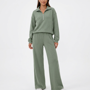 Ensemble de survêtement 2 pièces pour femme : sweat-shirt demi-zip et pantalon de jogging large, coupe décontractée, tenue d'automne, couleur unie, manches longues - Product Image 3