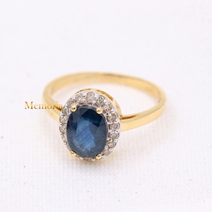 Bague Halo en Or Jaune Massif 14 carats avec Saphir Bleu Naturel Oval et Diamants, Vente en Gros, Memoria Jewels - Product Image 5