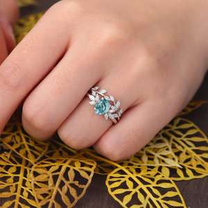 Ensemble de bagues de fiançailles en agate mousse poire avec grappe de moissanite, alliance de mariage pour femme, bijoux fins OEM ODM - Product Image 3