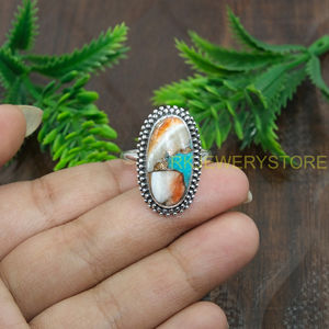 Bague en argent sterling 925 avec pierre précieuse turquoise d'huître épineuse orange, faite à la main, style bohème, bague statement, vente en gros, bijoux pour femmes, cadeau de promesse - Product Image 5