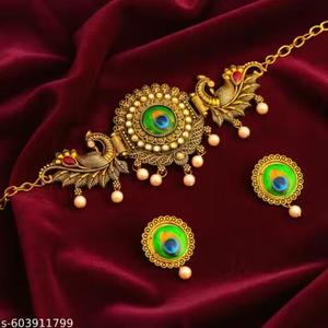 Parure de collier ras-du-cou de qualité supérieure, plaqué or, style princesse, ethnique traditionnel, finition antique, pour mariage, anniversaire et soirée - Product Image 2