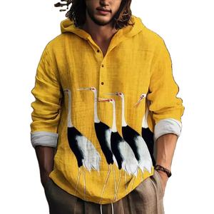 Nouveaux hommes à capuche mode simple bambou lin printemps et automne polyvalent art créatif imprimer petit poisson chemise hommes hauts - Product Image 1