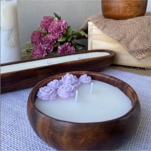 Bougie décorative en cire aromatique sculptée à la main en forme de bol rond en bois - Bougie multi-mèches pour centre de table et décoration de mariage - Product Image 2