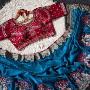 Sari de créateur tendance avec broderie Meena et blouse cousue prête à porter, prix de gros par Royal Export - Product Image 6