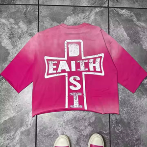 เสื้อยืดโอเวอร์ไซส์ครอปท็อปพิมพ์ลาย Incite Of God สำหรับผู้ชาย แขนสั้น คอกลม ผ้าฝ้ายเจอร์ซีย์สีชมพู สไตล์ลำลอง - Product Image 2