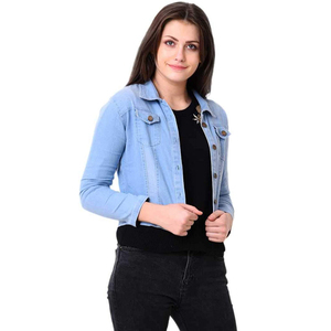Women's High Quality Cropped Denim Jacket Front Pockets Long Coat Winter Style Custom Design OEM Service Available Cotton - Product Image 1