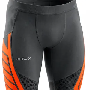 Amkoor <b>Men's</b> Full Length <b>Compression</b> Leggings Gray Orange Geometric Pattern Elastic Waist Polyester/Cotton 220g Sport <b>Tights</b> - Product Image 6