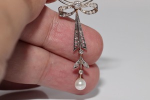 Broche y colgante de plata 925 y oro de 14k con moissanita, diamante y perla, estilo Art Déco antiguo, para hombre y mujer - Product Image 2