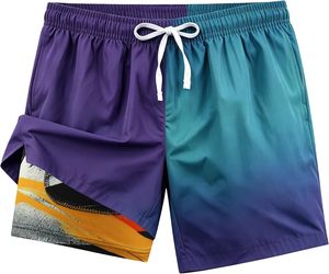 Shorts de bain décontractés pour hommes, bleu marine, couleur unie, séchage rapide, taille à cordon de serrage, avec doublure intérieure rose, confortables - Product Image 3