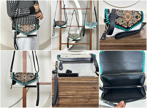 Sac bandoulière en cuir de vachette de qualité supérieure, brodé et orné de motifs, sac à rabat fait main avec dragonne et bandoulière réglable - Product Image 3