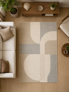 Alfombra de Lana Hecha a Mano para Sala de Estar, Estilo Escandinavo Japandi Minimalista, Beige Crema Gris, Geométrica, de Lujo y Diseño - Product Image 3