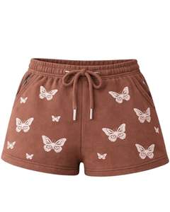 Shorts pour femmes personnalisés à imprimé papillon marron, en molleton de coton, décontractés, d'été, avec cordon de serrage à la taille, fabricant sur mesure, vêtements en gros - Product Image 1