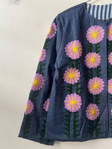 Chaqueta Bomber Azul Suzani de Terciopelo, Tejida, Acolchada, Transpirable, Hecha a Mano, Bordada con Letras, Estilo Bohemio, Étnica, para Festivales, Lana/Nailon - Product Image 3