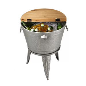 Seau à glace Standard galvanisé seau à bouteille de vin avec poignée pour glace bière Champagne refroidisseur avec couvercle en bois - Product Image 1