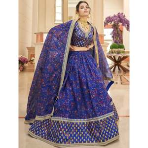 A-Line Modern Lace Organza Bridesmaid Lehenga Choli in Majestic Blue Plus Size - Product Image 5